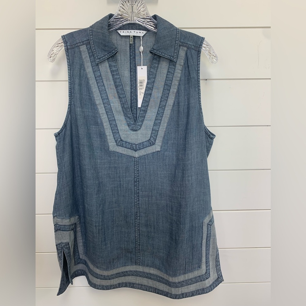 Trina Turk Pleasanton Sleeveless Collared Chambray Tunic Size M NWT
